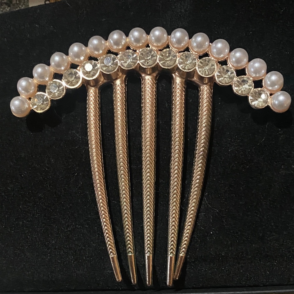 Faux Pearl & Crystal Rose Gold Metal Hair Comb - Women Accessories